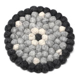 Hand Crafted Felt Ball Trivets from Nepal: Round Flower Design, Black/Grey