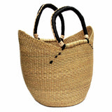 Bolga Tote, Natural with Black Accent and Leather Handle - 18-inch