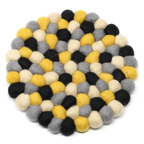 Hand Crafted Felt Ball Trivets from Nepal: Round, Mustard