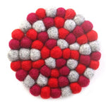 Hand Crafted Felt Ball Trivets from Nepal: Round Chakra, Reds