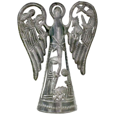 Metal Angel with Nativity Scene (12 inch) - Tree Topper