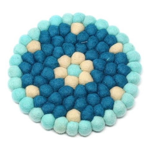 Hand Crafted Felt Ball Trivets from Nepal: Round Flower Design, Turquoise