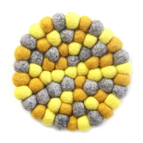 Hand Crafted Felt Ball Trivets from Nepal: Round Chakra, Yellows