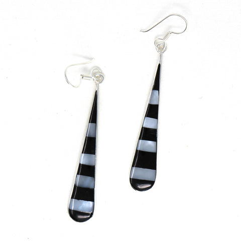 Taxco Silver Black Onyz & Abalone Zebra Long Teardrop Earrings