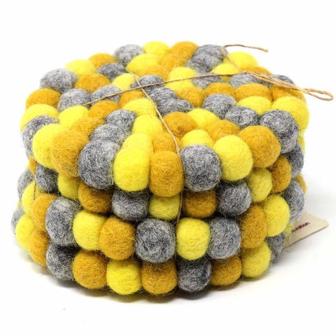 Hand Crafted Felt Ball Coasters from Nepal: 4-pack, Chakra Yellows
