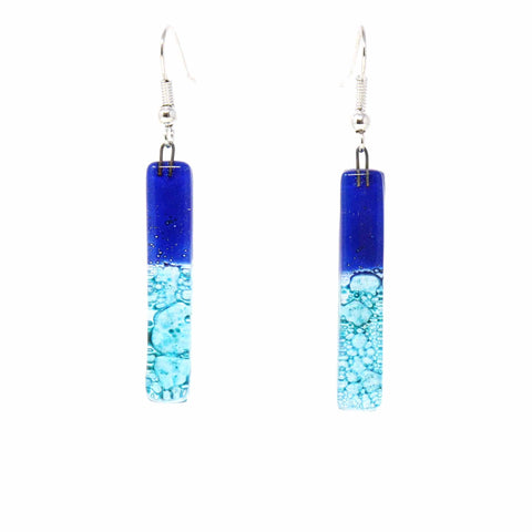 Long Rectangle Glass Dangle Earrings, Blue Bubbles