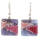 Square Glass Dangle Earrings, Zig Zag Purple & Pink - Tili Glass