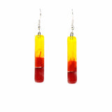 Long Rectangle Glass Dangle Earrings, Fire Red & Yellow