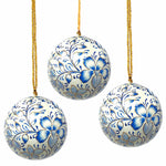 Handpainted Ornaments, Blue Floral - Pack of 3