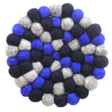 Hand Crafted Felt Ball Trivets from Nepal: Round, Dark Blues