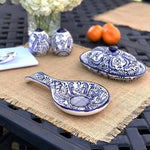 Handmade Pottery Spoon Rest, Blue Flower