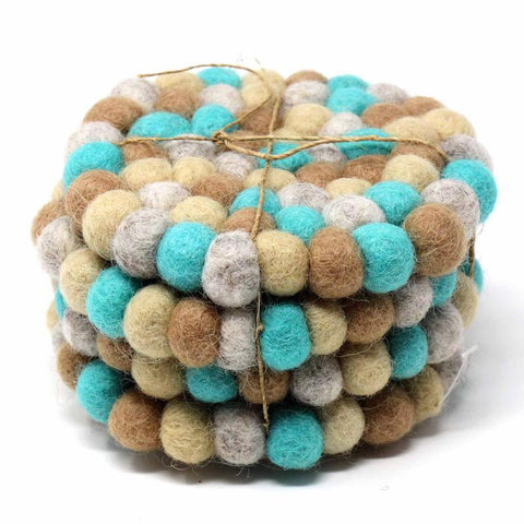 Hand Crafted Felt Ball Coasters from Nepal: 4-pack, Sky