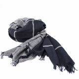 Hand-printed Cotton Scarf, Black & Gray Stripes with Fringe