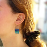 Square Glass Dangle Earrings, Blue Ocean