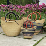 Bolga Tote, Natural with Black Accent and Leather Handle - 18-inch