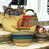 Bolga Tote, Natural with Black Accent and Leather Handle - 18-inch