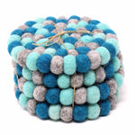 Hand Crafted Felt Ball Coasters from Nepal: 4-pack, Chakra Light Blues