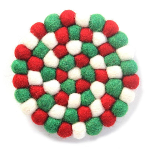 Hand Crafted Felt Ball Coasters from Nepal: 4-pack, White Christmas Multicolor