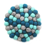Hand Crafted Felt Ball Trivets from Nepal: Round Chakra, Light Blues