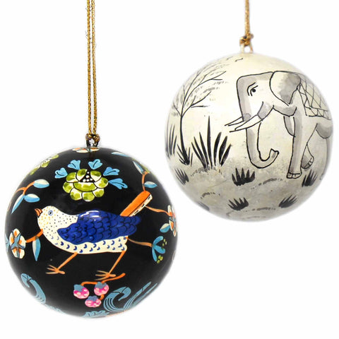 Handpainted Elephant & Bird Ornaments, Set of 2