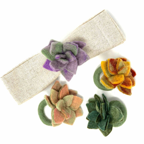 Hand-felted Succulent Napkin Rings, Set of Four Colors