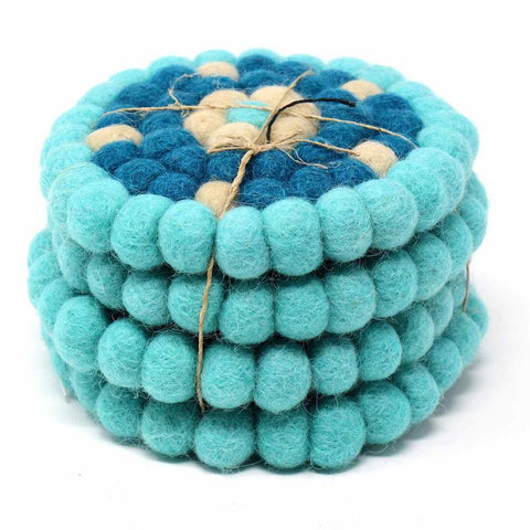 Hand Crafted Felt Ball Coasters from Nepal: 4-pack, Flower Turquoise